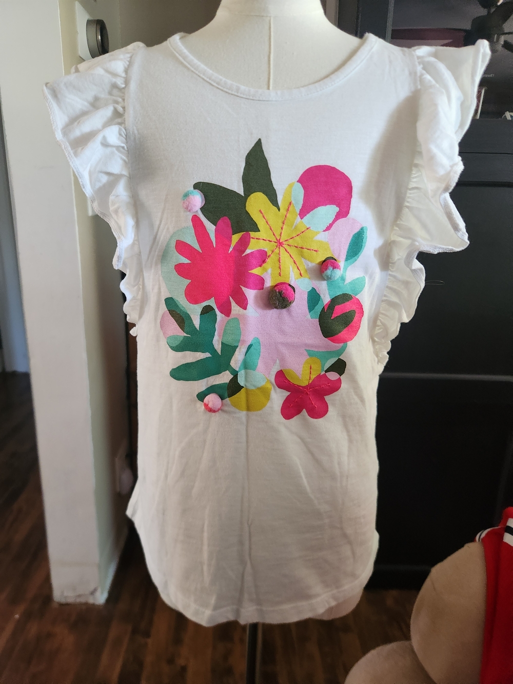 White Floral Pom-Pom Tank Top for Kids